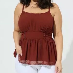 Torrid Brick Red Peplum Clip Dot Shirred Bust Lace Trim Top- Size 4X NWTs